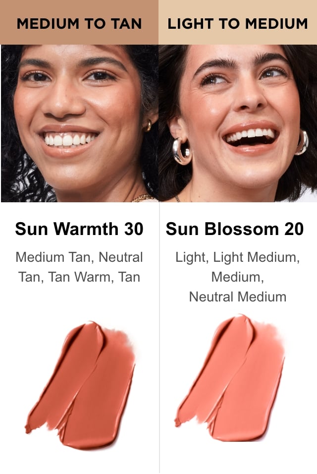A side-by-side photo, one side features a smiling woman with medium skin alongside a swipe of Sun Cream Blush and the text, "Medium to Tan. Sun Warmth 30. Medium tan, neutral tan, tan warm, tan," the next photo features a smiling woman with light skin alongside a swipe of Sun Cream Blush and the text, "Light to Medium. Sun Blossom 20. Light, light medium, medium, neutral medium."